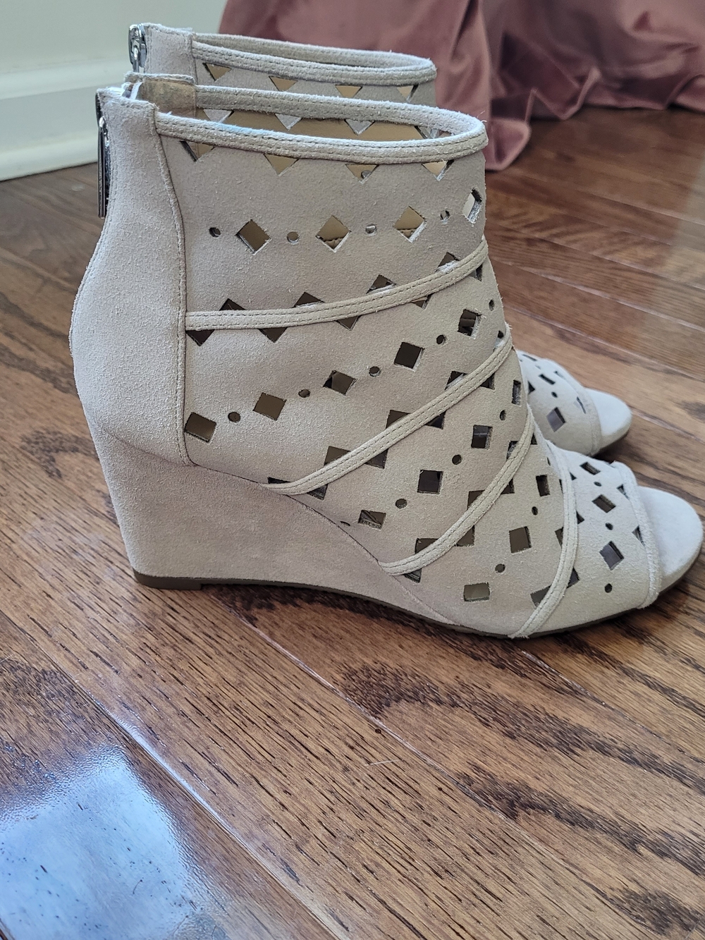 Michael Kors Beige Cutout Suede Wedge Sandals
